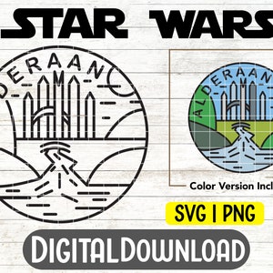May include: Black and white line art illustration of the planet Alderaan from Star Wars. The planet is depicted as a circle with a river flowing through it and a city with tall buildings in the background. The text "Alderaan" is written around the circle. The text "Star Wars" is written above the illustration. The text "Color Version Included" and "SVG | PNG" are written below the illustration. The text "DIGITAL DOWNLOAD" is written below the text.