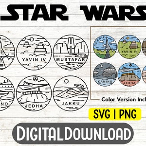 Peut inclure: Un ensemble de neuf téléchargements numériques SVG et PNG sur le thème de Star Wars. Chaque design présente une planète différente de l'univers Star Wars, notamment Scarif, Yavin IV, Mustafar, Kamino, Jedha et Jakku. Les designs sont en noir et blanc et incluent le nom de chaque planète.