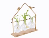 Hanging Glass Vase on a house shape Metal Plant Stand, Glass Terrarium for Hydroponic Water Plant Flower(1 2 3 bulb vase)