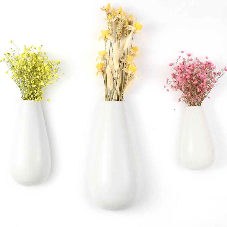 Set Of 3 Teardrop Ceramic Vase Wall Mounted White Ceramic Etsy