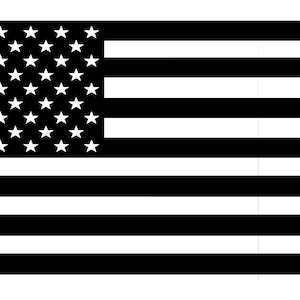 May include: Black and white American flag design. The flag features 50 white stars in a blue rectangle in the upper left corner and 13 alternating black and white stripes. The design is a minimalist representation of the United States flag.