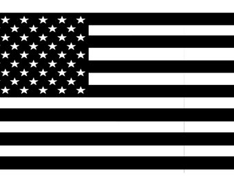 May include: Black and white American flag design. The flag features 50 white stars in a blue rectangle in the upper left corner and 13 alternating black and white stripes. The design is a minimalist representation of the United States flag.