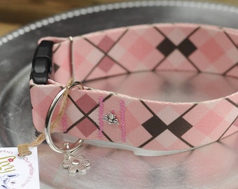 Pink Argyle Dog Collar - Dog Collars- Polyester Adjustable Dog Collars - Collars for Dogs - Pet Accessories - Preppy - Pet Collar -  Brown