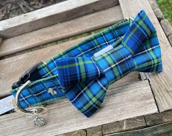 Blue And Green Plaid Dog Collar With Bow Tie, Plaid Collars For Dogs, Dog Collars, Removable Plaid Bow Tie, Pet Collars, Dog Accessories