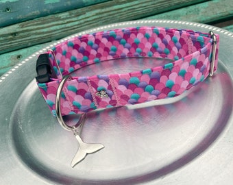 Pink Mermaid Fabric DOG Collar- Adjustable Collar for Dogs, Colorful Dog Collars, Mermaids, Pet Collars,