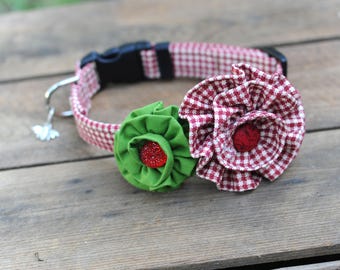 Red Checker Fabric Dog Collar & 2 Removable Flowers - Adjustable Dog Collars,  Collars for Dogs