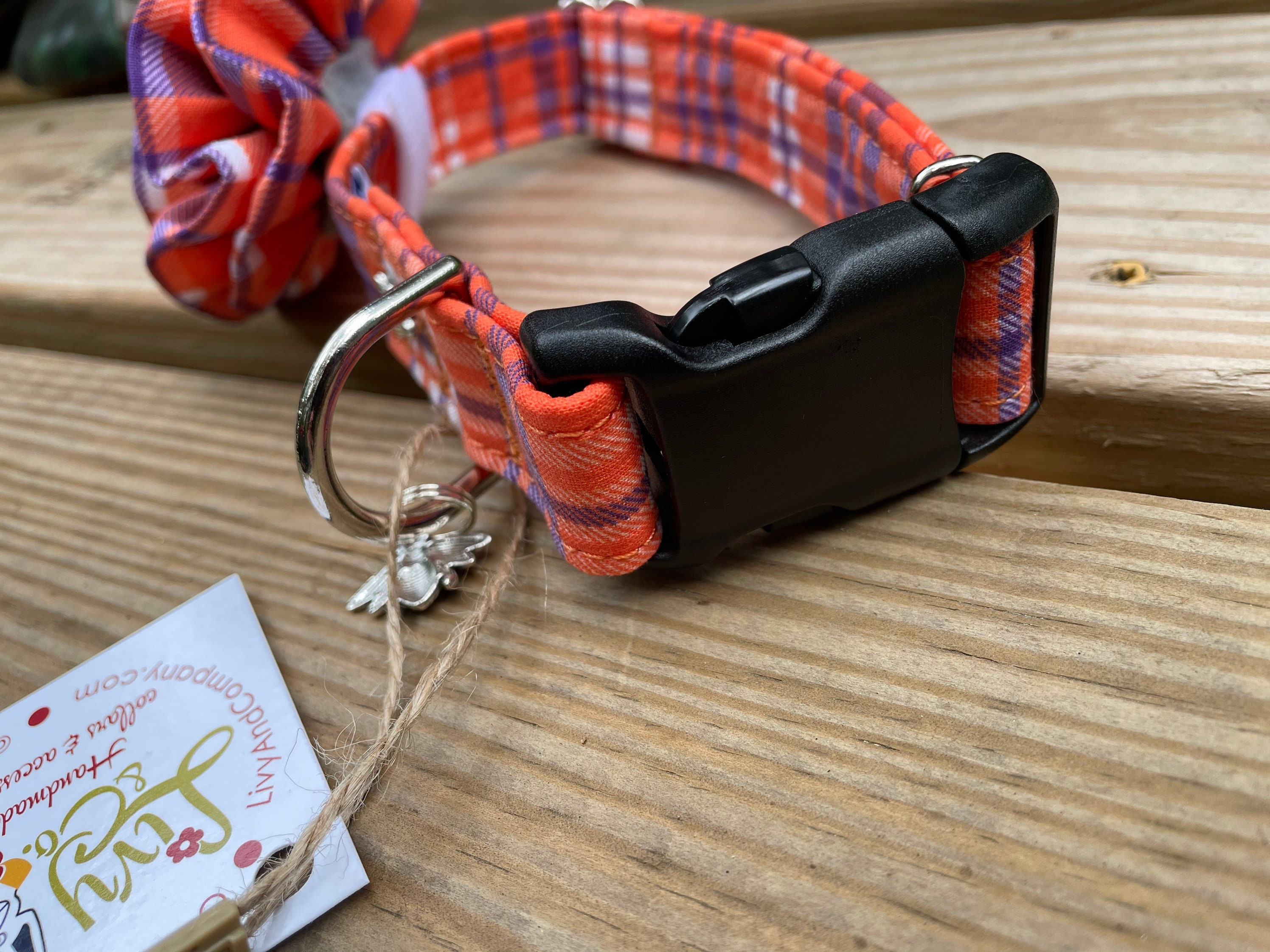 Herbst-Hundehalsband Mit Blume – Kariert Orange, Verstellbar Für Kleine Bis Große Hunde, Mit Abnehmbarer Schleife