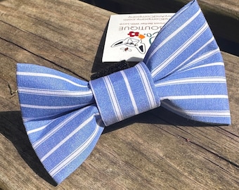 Chambray Blue Striped Dog Bow Tie. Preppy Light Blue Bow Tie For Dogs.