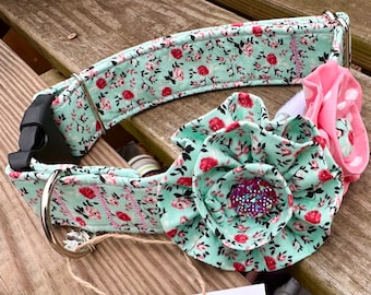 Country Cottage Mint Green Floral Dog Collar SET with Flowers, Fabric Dog Collar, Collars for Dogs, Adjustable Dog Collar