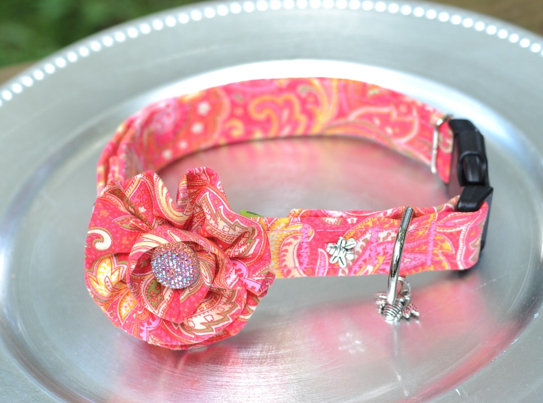 Pink Paisley DOG COLLAR With Flower, Dog Accessories, Collars for Dogs