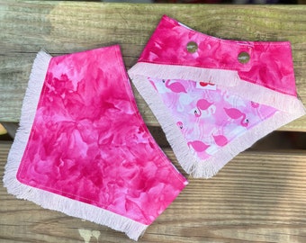 Hot Pink Dog Bandana, Tie Dye Reversible Bandanas for Dogs. Snap On Pet Bandana, Hot Pink Hand Dye and Flamingos with Pink Fringe Trim