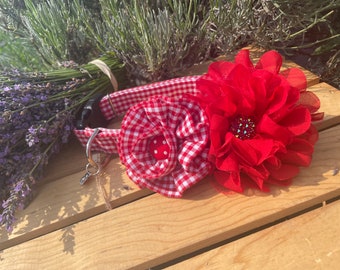 Red Gingham Dog Collar With Two Removable Flowers, Pet Collars, Summer Dog Collar, Gingham Fabric Collar for DOGS