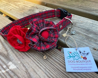 Red Tartan Plaid DOG Collar With Removable Flowers, Christmas Plaid Collar for DOGS, Pet Collars, Fabric Dog Collar