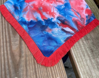 4th of July Dog Bandana.  Reversible, snap-on DOG Bandana. Red White and Blue Tie Dye Bandana For DOGS with Red Fringe. Memorial Day.