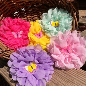 Large Dog Collar Flower, Pastel Chiffon Flower With Butterfly Center for Dog Collars and Harnesses; Pink, Lavender, Mint, Yellow Flowers