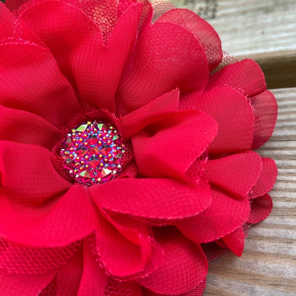 Red Dog Collar Flower, Large Chiffon Flower for Dog Collars with sparkly centerpiece, Dog Accessories, Dog Collar Flowers, Christmas, Photos