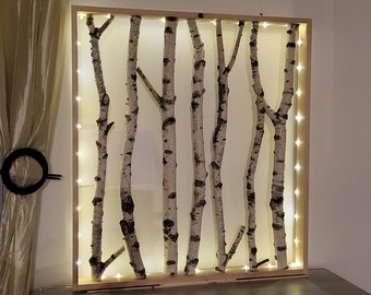 White Birch Wall Art with remote controled led light, Framed Birch Art, Modern Rustic Wall Decor, Natural Birch log