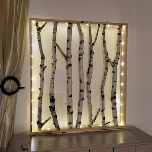 White Birch Wall Art with remote controled led light, Framed Birch Art, Modern Rustic Wall Decor, Natural Birch log