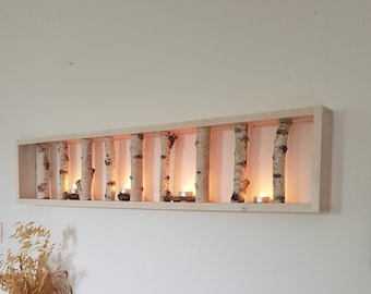 Grande décoration murale en bouleau blanc de 110 cm, étagère murale en bouleau, oeuvre d&#39;art en bouleau encadrée, bûche naturelle, présentation murale, décoration murale rustique moderne, bûche de bouleau