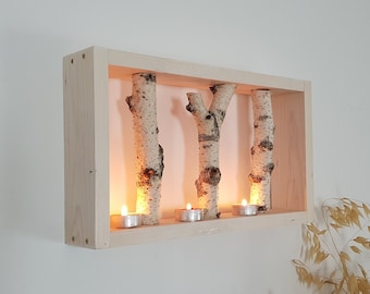 Petite oeuvre d&#39;art murale en bouleau blanc, 40 cm, 3 bûches, oeuvre d&#39;art en bouleau encadrée, bûche naturelle, présentation murale, décoration murale rustique moderne, bûche de bouleau