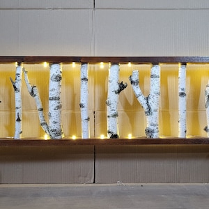 120cm in Length White Birch Wall Art with LED string light, Birch Wall display shelf, Modern Rustic Wall Decor
