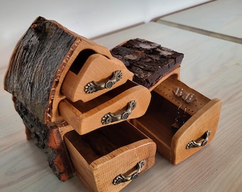 3-Piece Firewood Drawer Box – Handmade Oak, Beech & Pear Jewelry Organizer, Rustic Gift, Artisan wood