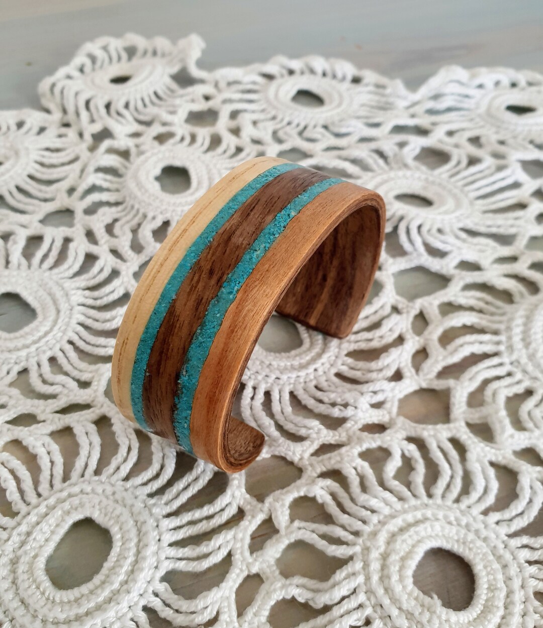 Cherry, Walnut and Ash Bangle With Double Turquoise Inlay, Bentwood ...
