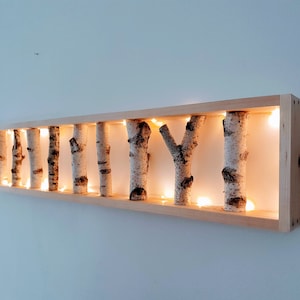 Large White Birch Wall Art with string light, Birch Wall display shelf, Framed Birch Art, Natural Log, Modern Rustic Wall Decor, Birch log