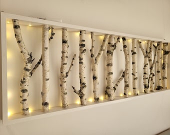 Birch Log Wall Art with LED Lights, Modern Rustic Decor