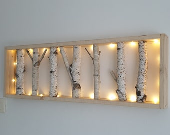Guirlande lumineuse LED blanc chaud d&#39;art mural en bouleau, étagère murale en bouleau, oeuvre d&#39;art en bouleau encadrée, bûche naturelle, décoration murale et maison rustique moderne