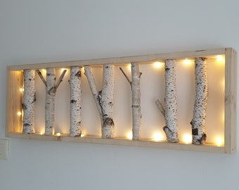 White Birch Wall Art warm white LED string light, Birch Wall display shelf, Framed Birch Art, Natural Log, Modern Rustic Wall and Home Decor