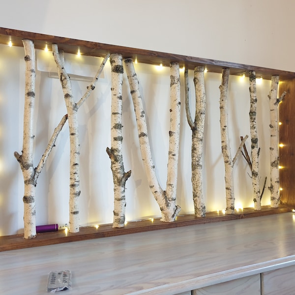 Large White Birch Wall Art with remote controled led light, Birch Wall display shelf, Framed Birch Art, Modern Rustic Wall Decor, Birch log