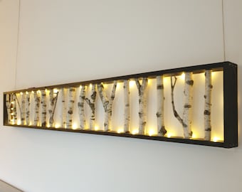 Birch Log Wall Art with Lights, Modern Rustic Display Shelf 180cm