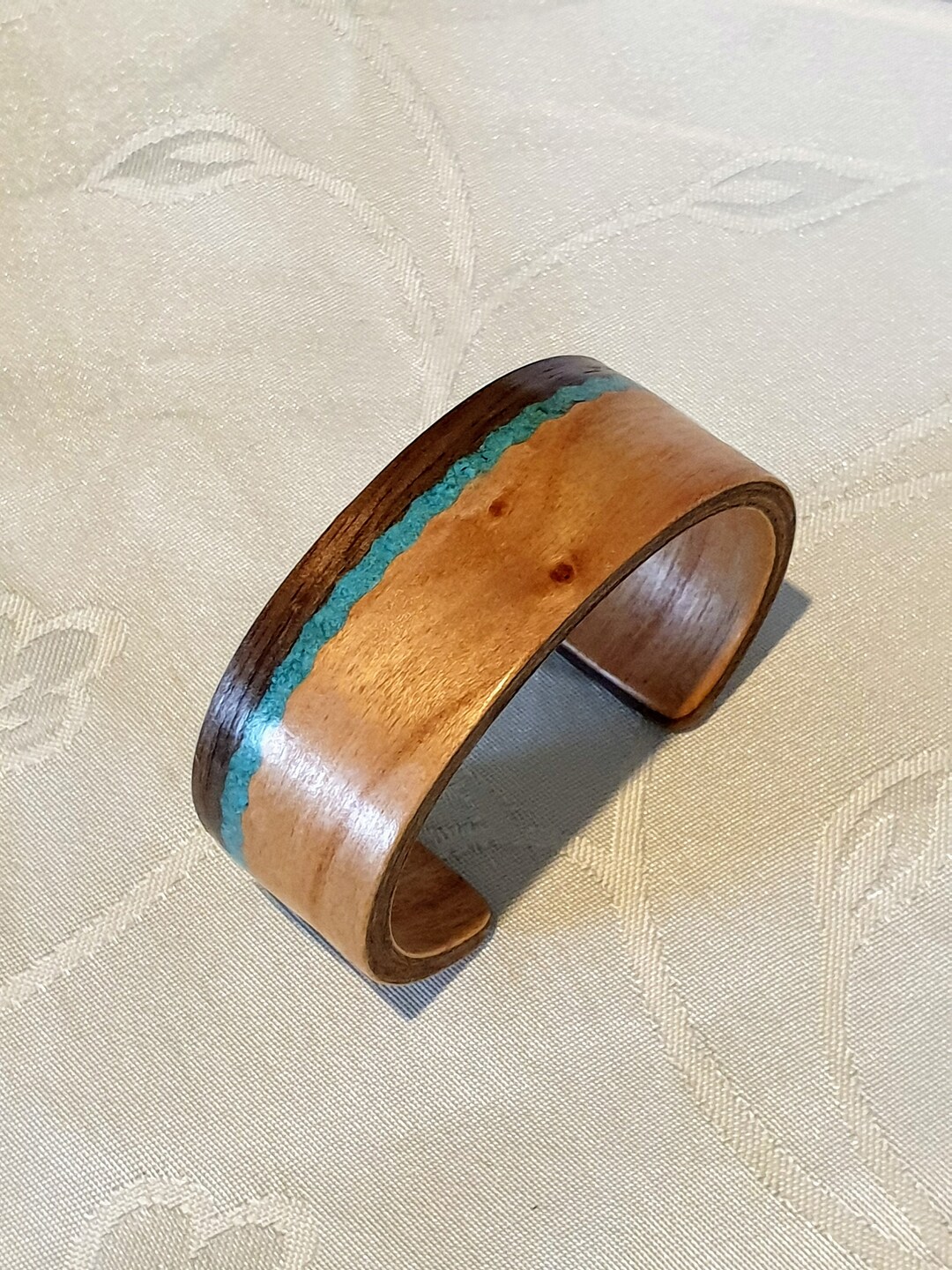 Cherry and Walnut Bangle With Turquoise Inlay, Bentwood Bracelet ...