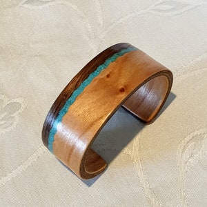 Cherry and Walnut Bangle with Turquoise inlay, Bentwood bracelet, Walnut Cuff bracelet, Wooden Bracelet, Gift for her, Elegant Cuff