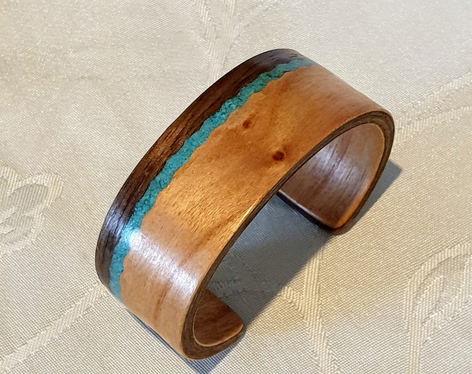 Cherry and Walnut Bangle With Turquoise Inlay, Bentwood Bracelet ...