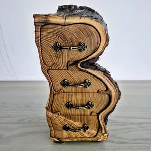 Peut inclure: Un petit coffre à tiroirs en bois fait à la main, de forme organique unique. Il comporte trois tiroirs avec des poignées en laiton de style antique. Le bois présente un motif de grain naturel et un bord d'écorce foncé et texturé, lui donnant un aspect rustique. Mesure environ 20 cm de haut.