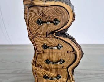 Robinia Firewood Log Box with Four Drawers – Earrings Organizer and Secret Compartment