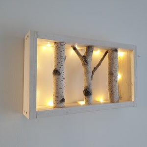 35cm, 13.77 inch Small White Birch Wall Art w LED string light, Framed Birch Art, Natural Log, Wall Display Shelf, Modern Rustic Wall Decor
