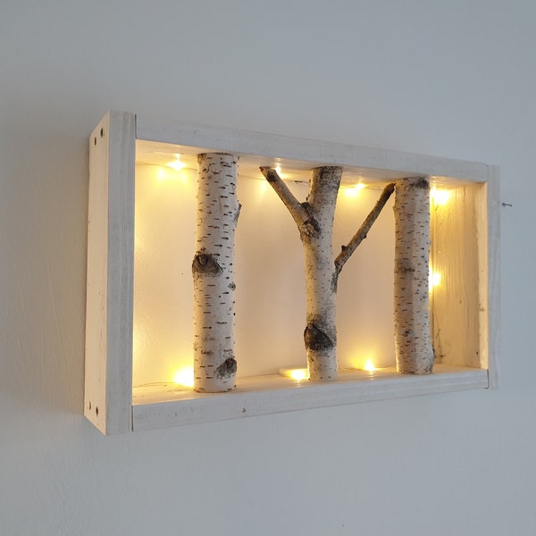 35cm, 13,77 pouces Petit bouleau blanc Wall Art w LED guirlande lumineuse, Art de bouleau encadré, bûche naturelle, étagère murale, décor mural rustique moderne