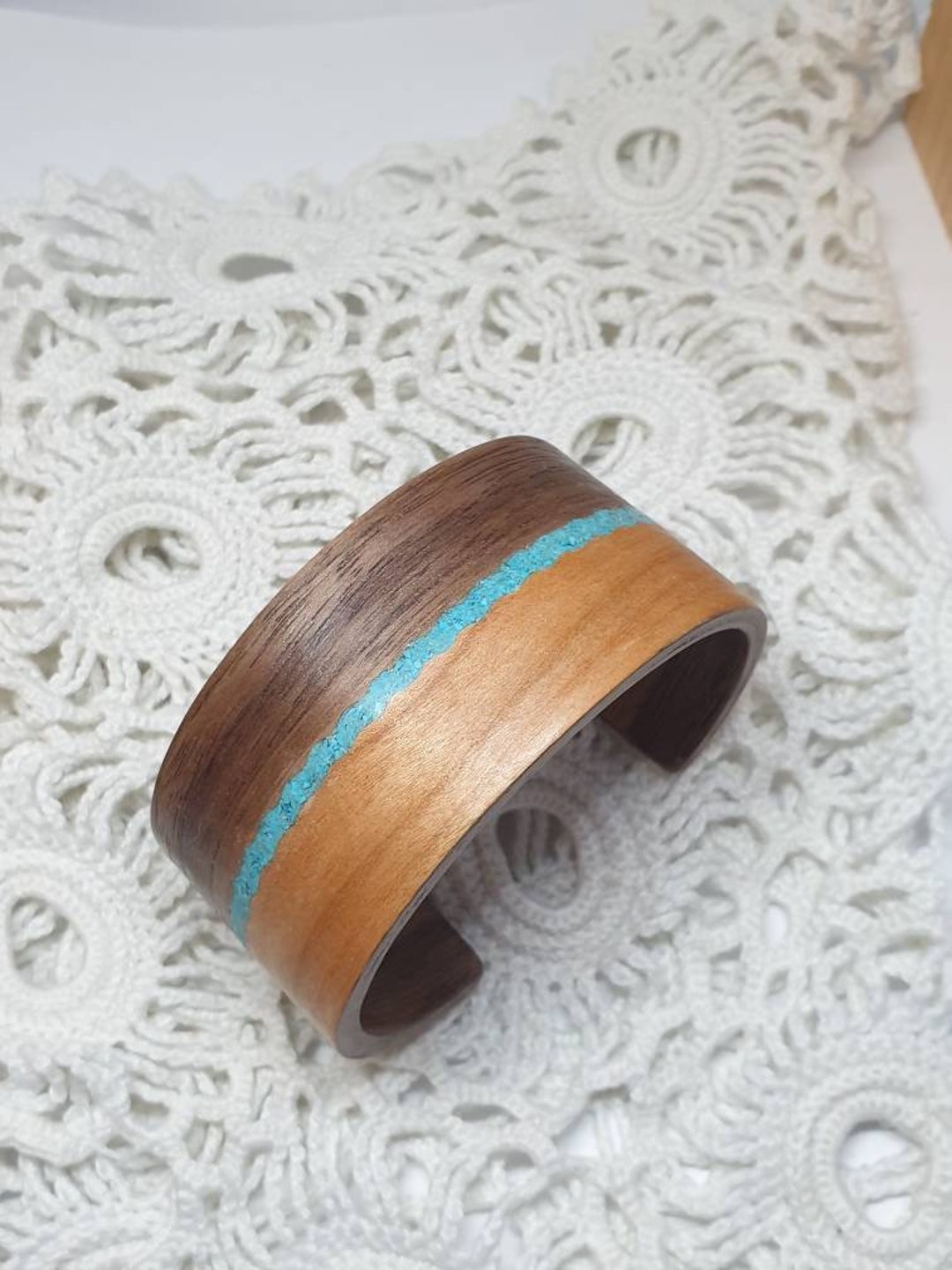 Cherry and Walnut Bangle With Turquoise Inlay, Bentwood Bracelet ...