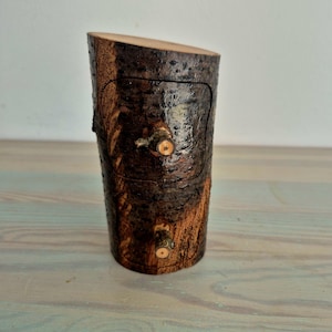 Può includere: Una scatola di legno artigianale realizzata con una sezione di tronco d'albero. La scatola ha un esterno marrone scuro e strutturato con una finitura in corteccia naturale. Presenta una piccola porta rettangolare con un pomello in legno. La parte superiore è tagliata ad angolo.