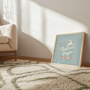 Minimalist art illustration of Portland, Oregon's iconic Old Town White Stag sign on a blueish background