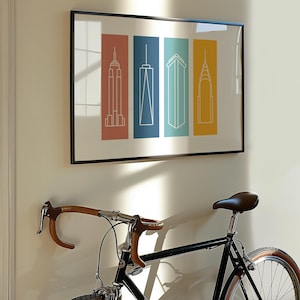 minimalist new york city buildings (color blocks) | nyc line art iconic skyscrapers empire state flatiron chrysler print