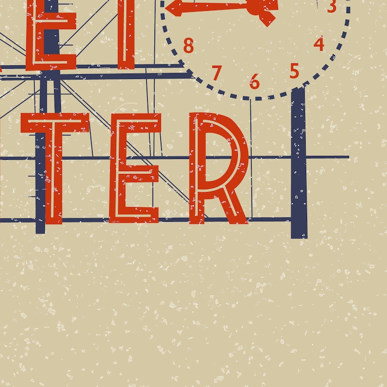 Detail of an illustration of Seattle, Washingtons iconic Public Market Center or Pike Place Market sign on a tan background