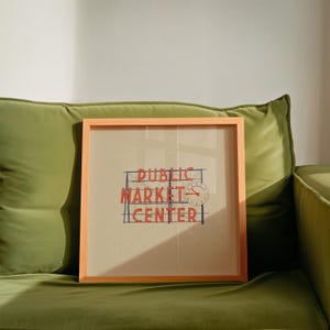 Illustration of Seattle, Washingtons iconic Public Market Center or Pike Place Market sign on a tan background