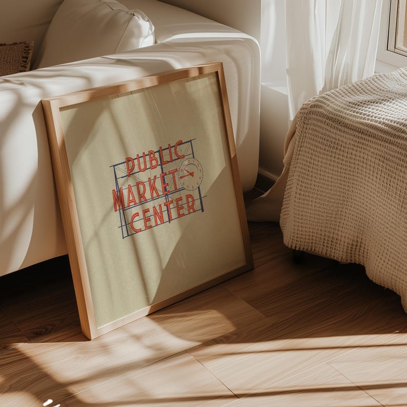 Illustration of Seattle, Washingtons iconic Public Market Center or Pike Place Market sign on a tan background