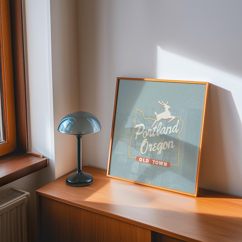 Minimalist art illustration of Portland, Oregon's iconic Old Town White Stag sign on a blueish background