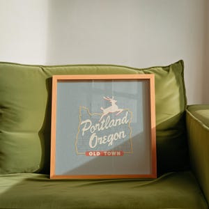Minimalist art illustration of Portland, Oregon's iconic Old Town White Stag sign on a blueish background