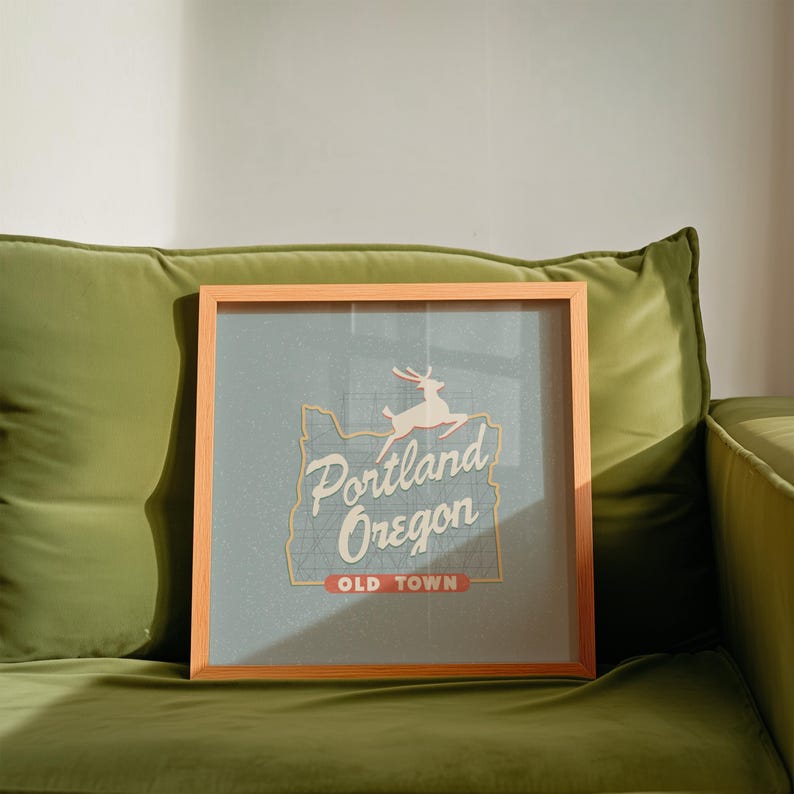 Minimalist art illustration of Portland, Oregon's iconic Old Town White Stag sign on a blueish background